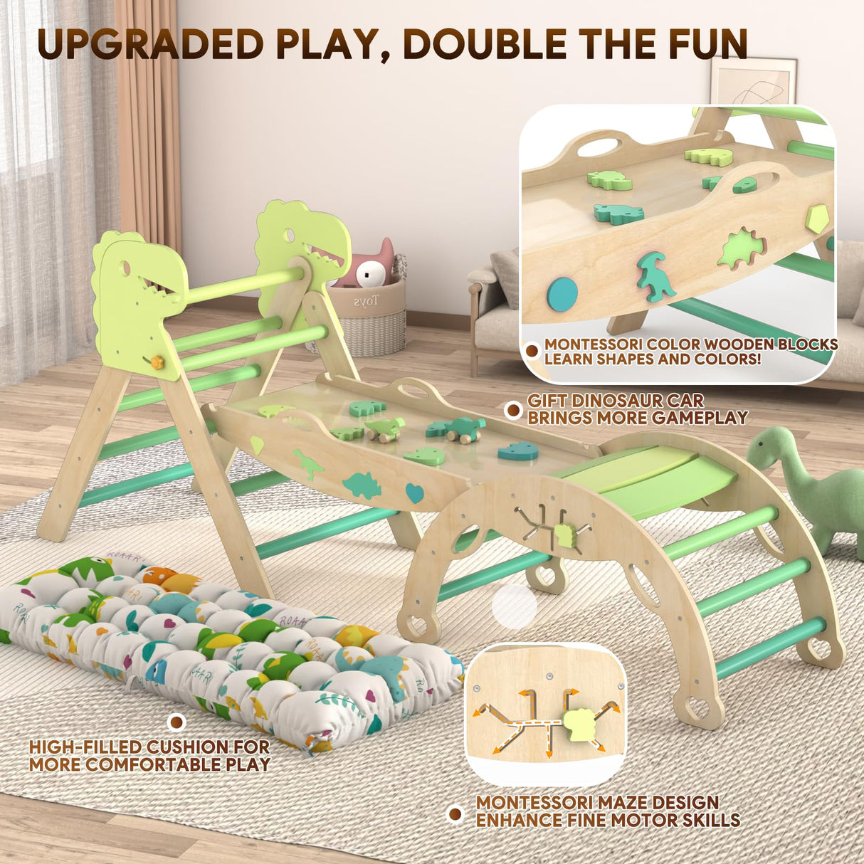 KidsBuddy Pikler Triangle Set with Cushion 9 in 1 Climbing Toys for Toddlers 1-3 Indoor Baby Climbing Gym Toddler Montessori Toys Wooden Climbing Toys with Maze Toys, Shape Sorting Toys, Dinosaur Car KidsBuddy