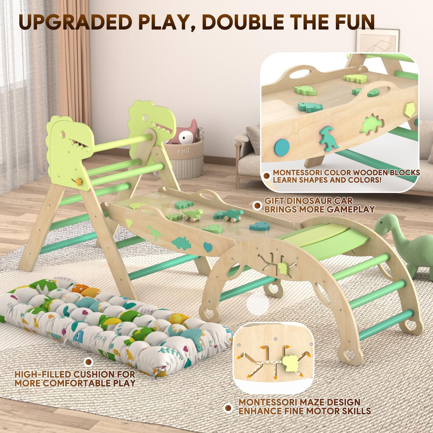 KidsBuddy Pikler Triangle Set with Cushion 9 in 1 Climbing Toys for Toddlers 1-3 Indoor Baby Climbing Gym Toddler Montessori Toys Wooden Climbing Toys with Maze Toys, Shape Sorting Toys, Dinosaur Car