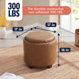 Ornavo Home Lawrence Round Storage Ottoman with Lift Off Lid and Tray Lid Coffee Table, Ottoman with Storage for Living Room, Bedroom and Office, Faux Leather Mocha Ornavo Home