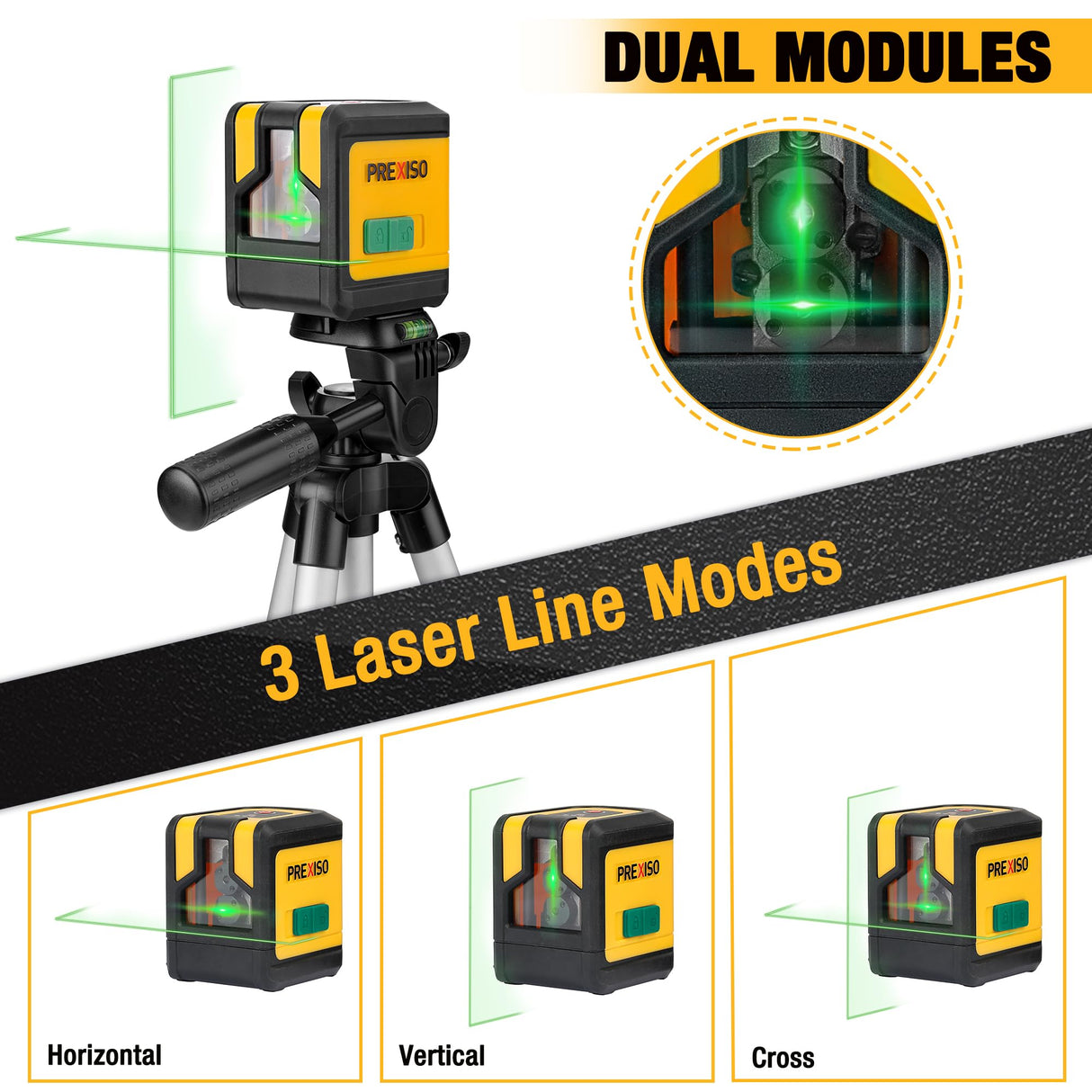 PREXISO Laser Level with Tripod, 100Ft Dual Modules Self Leveling Cross Line Laser Level, Green Line leveler Tool for Floor Tile, Home Renovation, Construction with 31-1/2in Tripod, 2 AA Batteries Prexiso