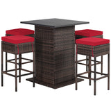 RELAX4LIFE 5-Piece Weatherproof Red Wicker Bar Set with Storage & Cushions for Outdoor Dining RELAX4LIFE