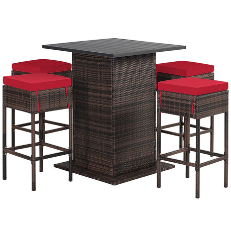 RELAX4LIFE 5-Piece Weatherproof Red Wicker Bar Set with Storage & Cushions for Outdoor Dining RELAX4LIFE