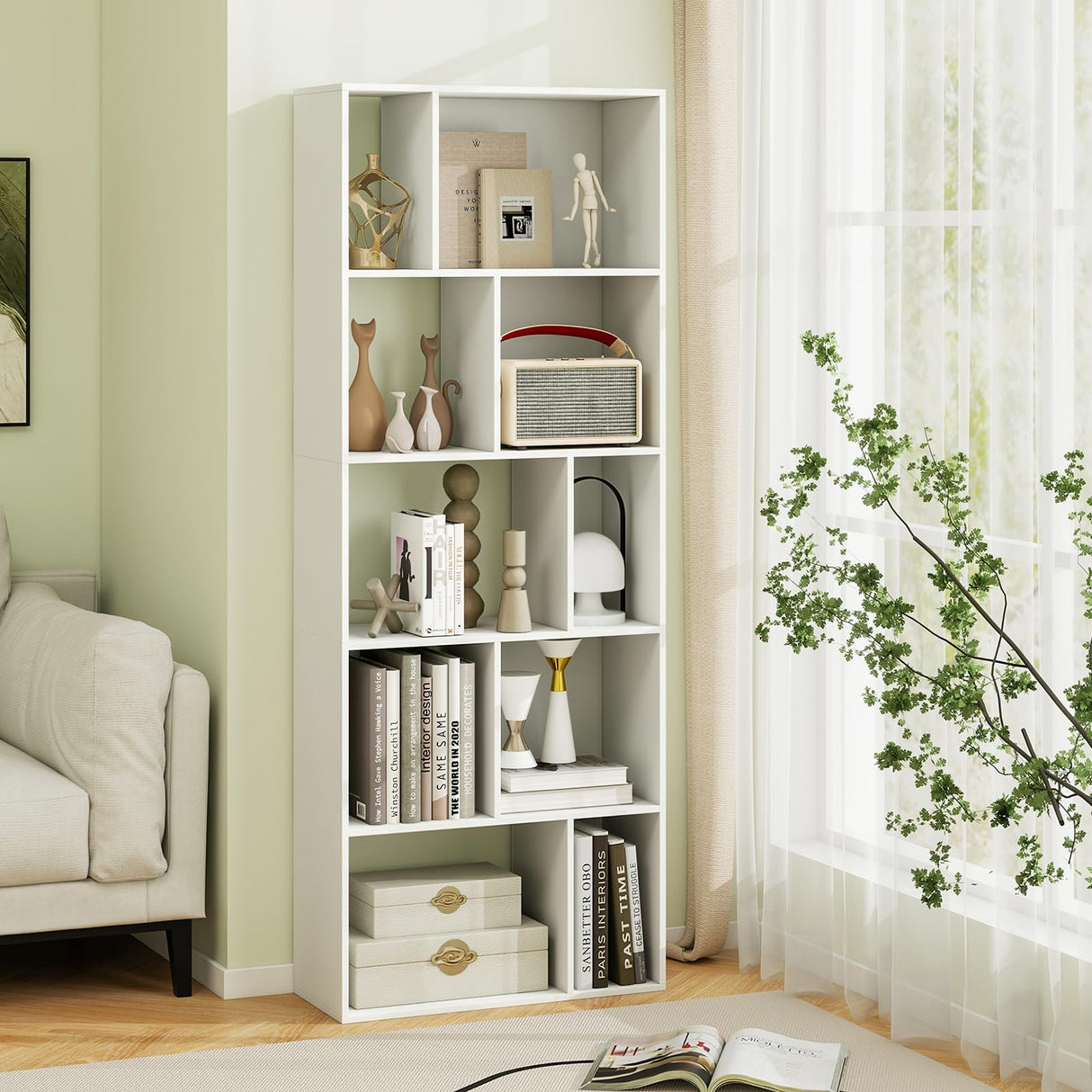 Nightcore 63” Tall Freestanding Display Shelf, 5-Tier Geometric Bookcase with 10 Storage Cubbies, Anti-toppling Devices, Modern Bookshelf for Living Room, Bedroom, Home Office, White WoodArtSupply