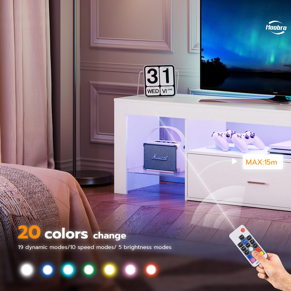 HOOBRO LED TV Stand with Power Outlets to 65 inch TV, Gaming Entertainment Center with Glass Shelves and Large Drawer, Modern Media TV Console Table for Living Room Bedroom, White WT14UDDS01 HOOBRO