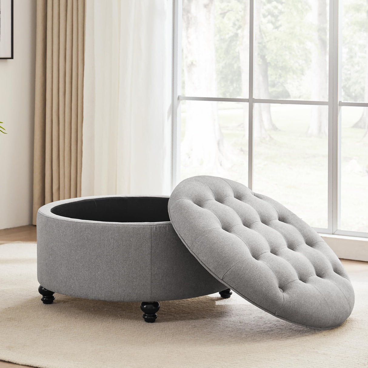 HUIMO 30-Inch Round Storage Ottoman, Modern Button Tufted Coffee Table with Removeable Top, Upholstered Ottoman with Storage Footrest Stool for Living Room, Bedroom and Office(Grey) HUIMO