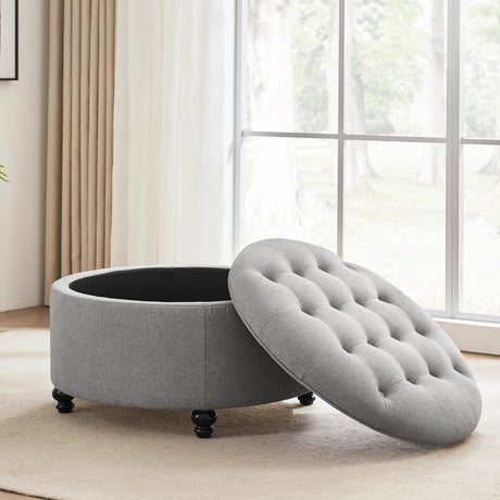 HUIMO 30-Inch Round Storage Ottoman, Modern Button Tufted Coffee Table with Removeable Top, Upholstered Ottoman with Storage Footrest Stool for Living Room, Bedroom and Office(Grey) HUIMO