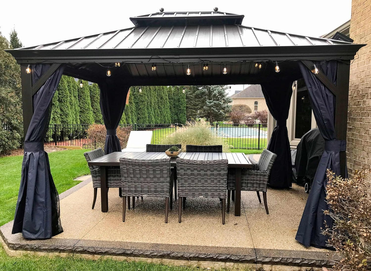 PURPLE LEAF 10' X 12' Hardtop Gazebo Canopy with Netting and Curtains for Outdoor Deck Backyard Heavy Duty Sunshade Outside Metal Patio Permanent Pavilion PURPLE LEAF