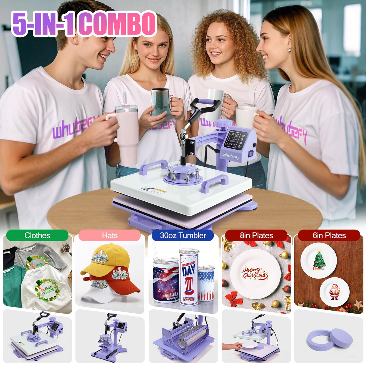 Whubefy 15x15 Heat Press Machine for T Shirts 5 in 1 Combo with 30oz Tumbler Press, Slide Out & Swing Away, Dual Tube Fast Heating, 3 Preset Modes & Counting Function for Bulk DIY Hats, Mugs, Plates Whubefy