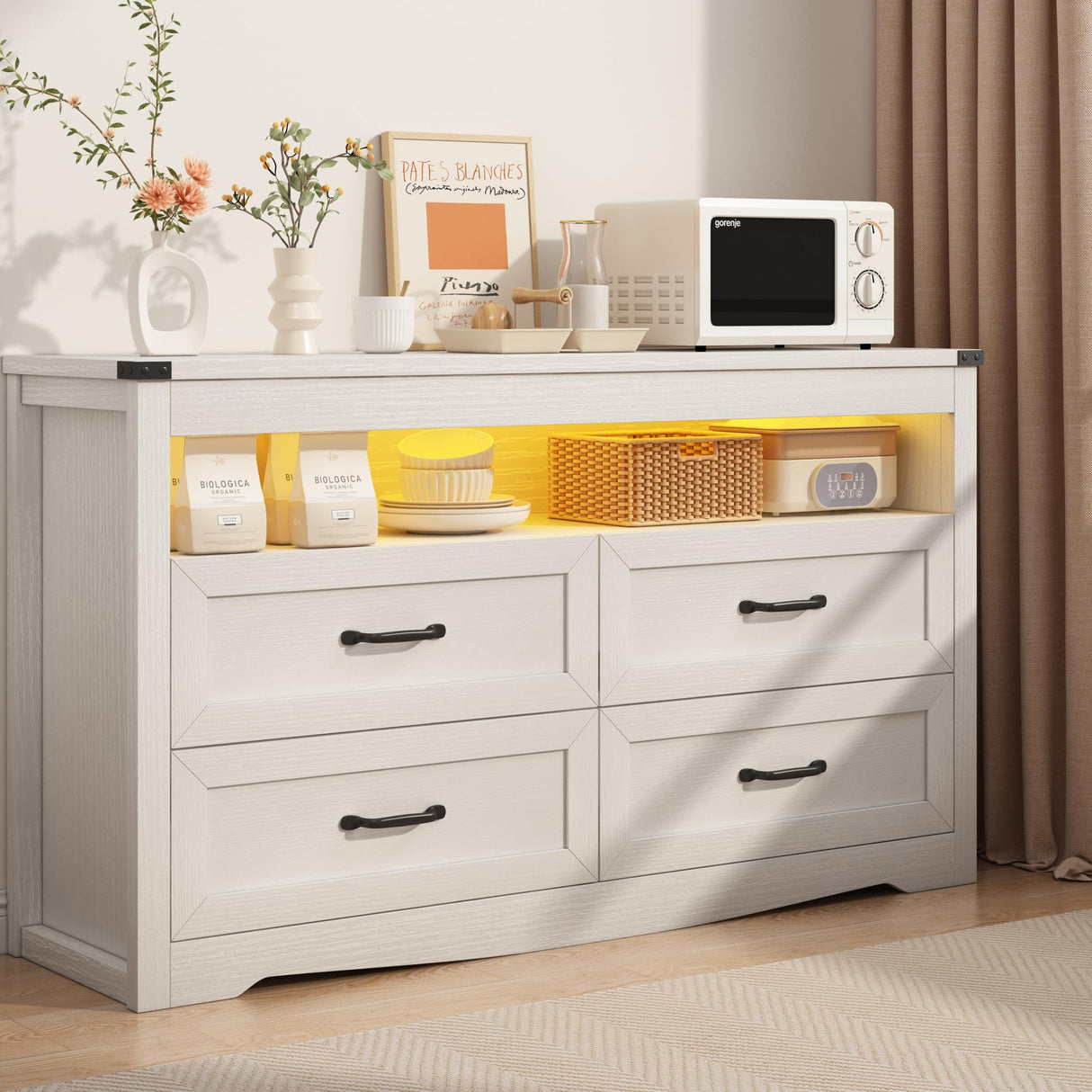 Wodeer White Dresser for Bedroom, Wood 4 Drawer Dresser with LED Light, Dressers & Chests of Drawers with Metal Handles, Storage and Organization for Bedroom, Hallway, Entryway Wodeer