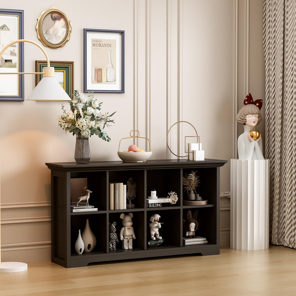 OSCHF Cube Shelf Bookcase with Base - Wooden 2 Tiers Floor Standing Low Storage Cabinet for Home and Office, 8-Cube Lattice Bookshelf, Black