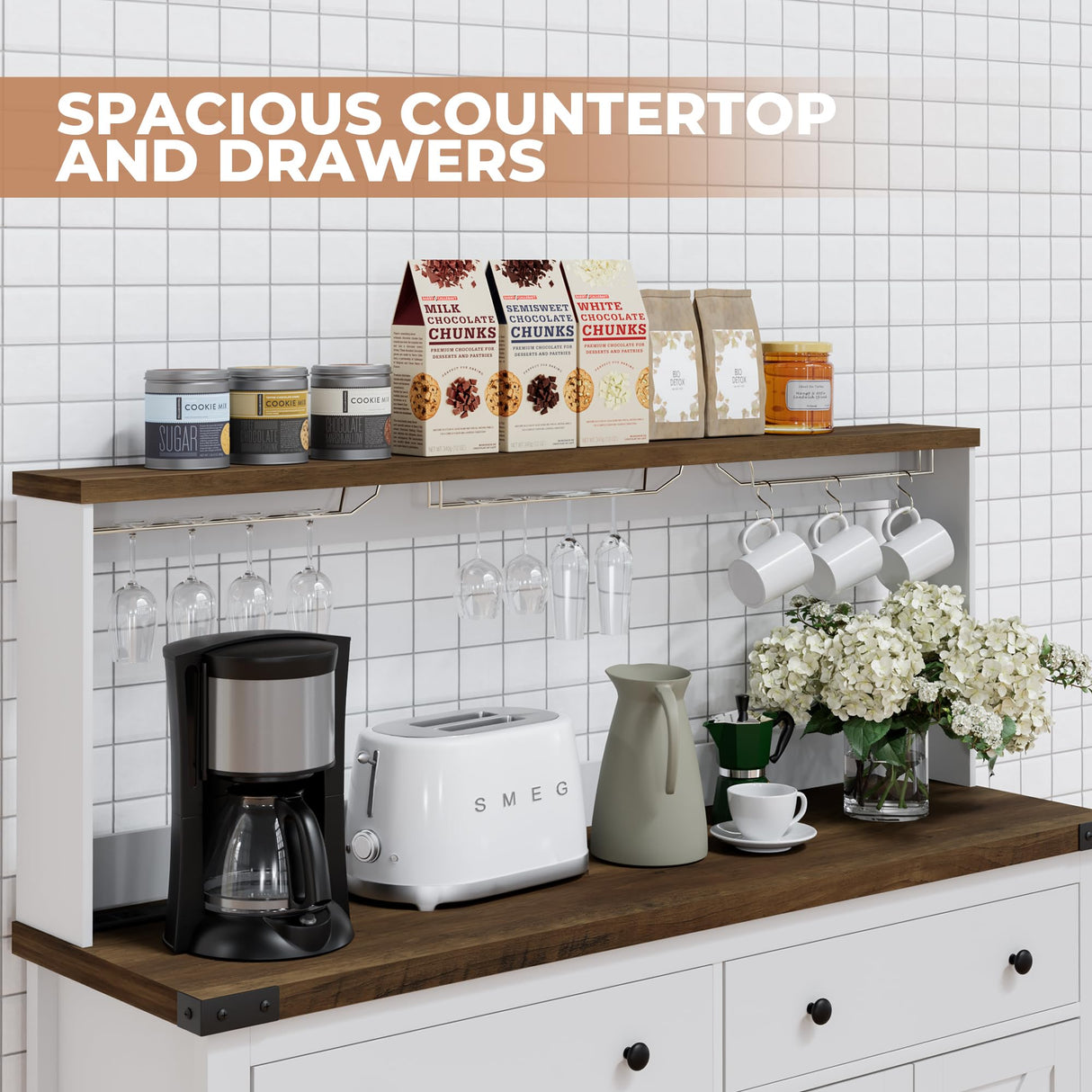 VVFLU Hutch Storage Cabinet Buffet with Drawers, and Charging Station, Coffee Bar Cabinet with Barn Doors, Wine Rack and Hooks, Countertop, Long Farmhouse, White, for Kitchen, Dining Room, 60" High VVFLU