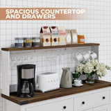 VVFLU Hutch Storage Cabinet Buffet with Drawers, and Charging Station, Coffee Bar Cabinet with Barn Doors, Wine Rack and Hooks, Countertop, Long Farmhouse, White, for Kitchen, Dining Room, 60" High VVFLU