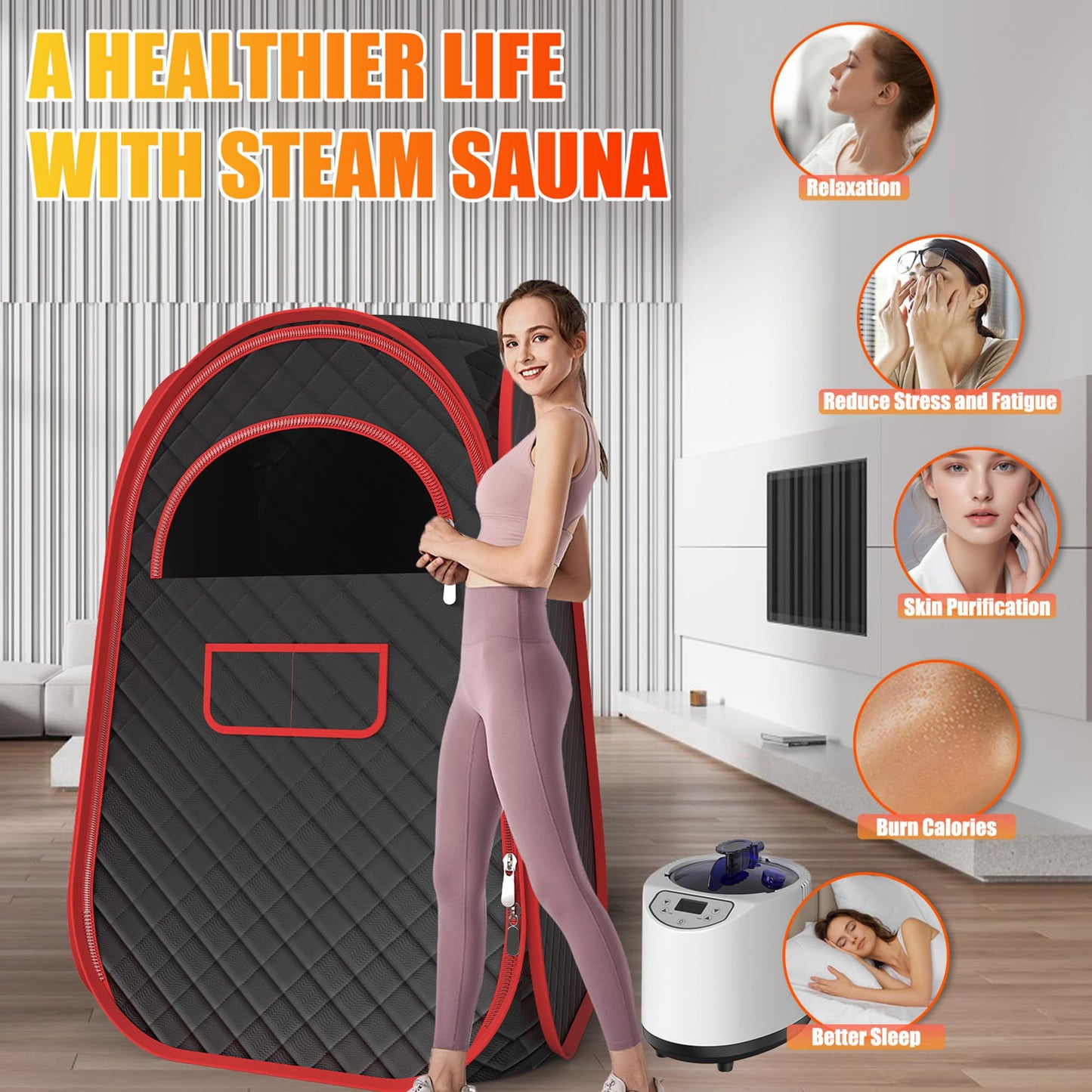 QIOMALA Portable Steam Sauna, Portable Sauna Box for Home, Sauna Tent with 2.6 L Steamer, Folding Chair, Remote Control Included, Sauna Steam Room