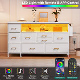 YITAHOME Dresser TV Stand for 55'' TV, 9-Drawer Dresser with Power Outlet and LED Light, Wide Dresser with Metal Handle, White Dresser with Shelves and PU Finish YITAHOME