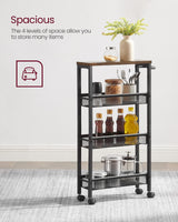 VASAGLE Slim Rolling Cart, 4-Tier Storage Cart, Narrow Cart with Handle, 5.1 Inches Deep, Metal Frame, for Kitchen, Dining Room, Living Room, Home Office, Rustic Brown and Classic Black ULRC032B01V1 VASAGLE