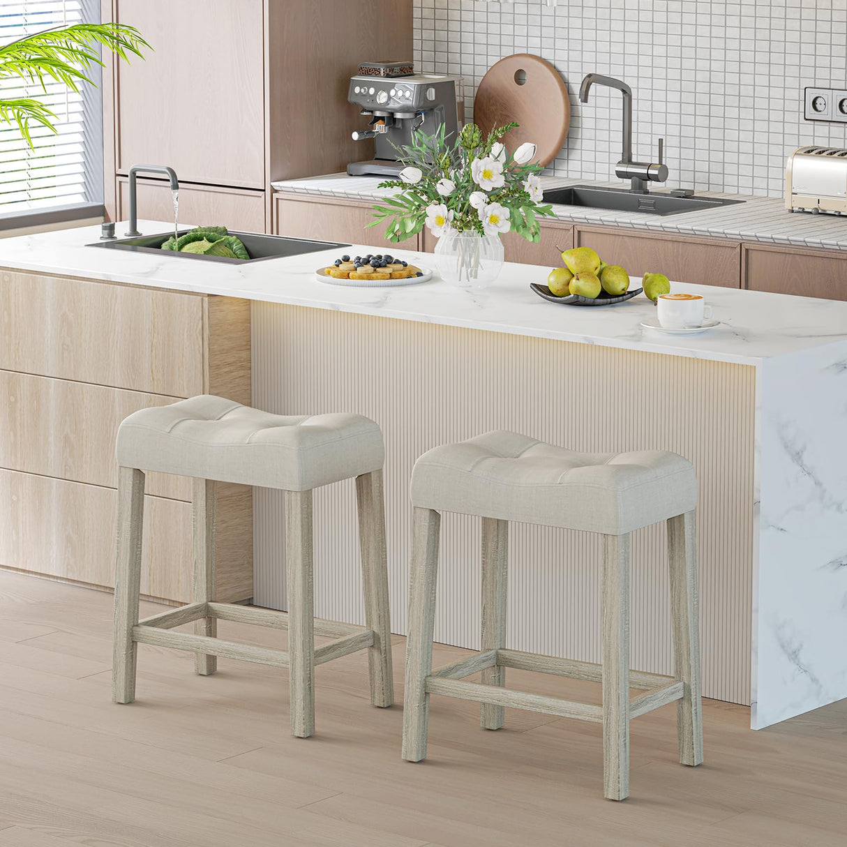 Giantex 24" Bar Stools Set of 4, Upholstered Counter Height Saddle Bar Stools with Footrest and Wood Legs, Farmhouse Button Tufted Backless Barstools for Kitchen Island, Dining Room, Cafe, Beige Giantex