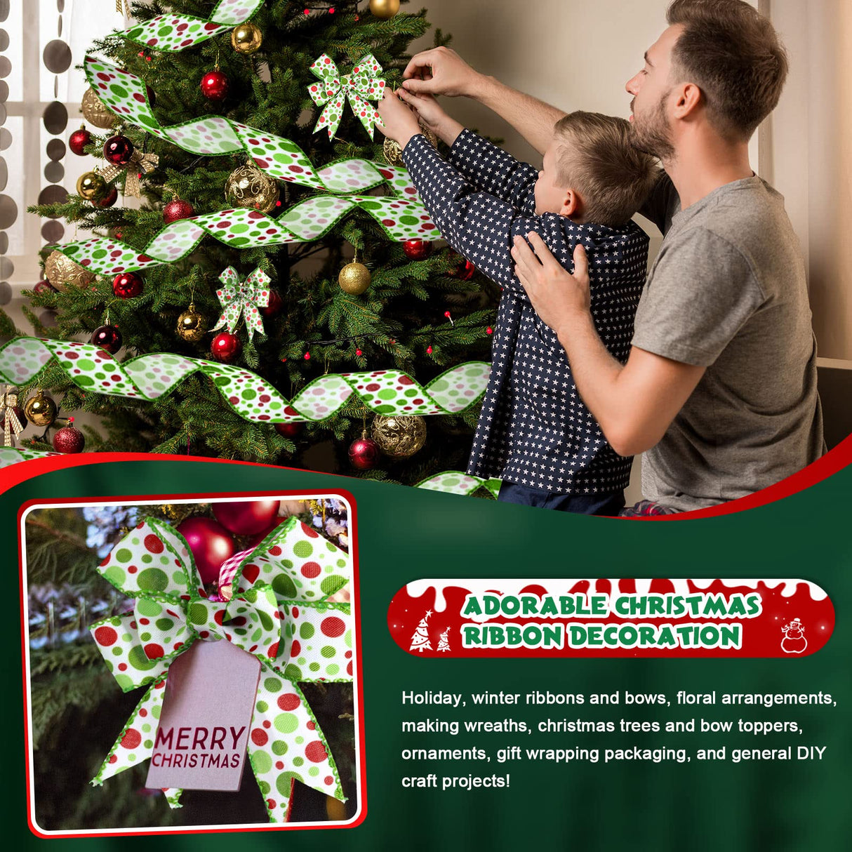 Hanaive 20 Yards Christmas Polka Dot Ribbon Xmas Wired Ribbon Christmas Tree Ribbons Decoration Green Red Polka Dot Printed Christmas Ribbons DIY Decorative for Wreaths Gifts Wrapping (1.5 Inch) Hanaive