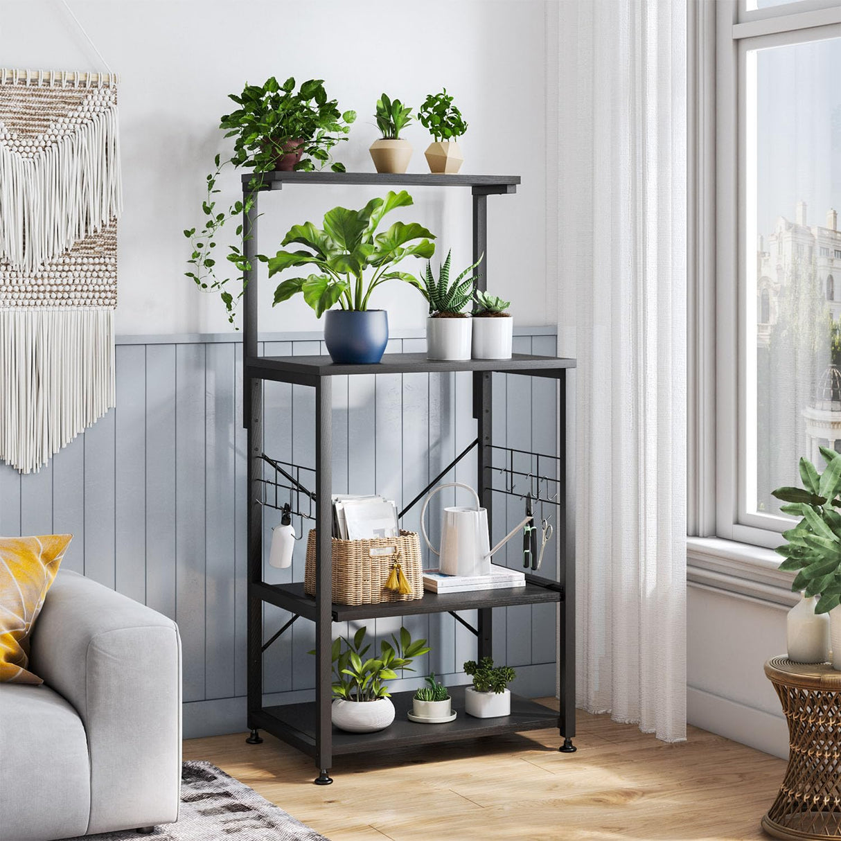 Bestier 4-Tier Black Kitchen Bakers Rack with Pull-Out Shelf & Hooks on Wheels Bestier