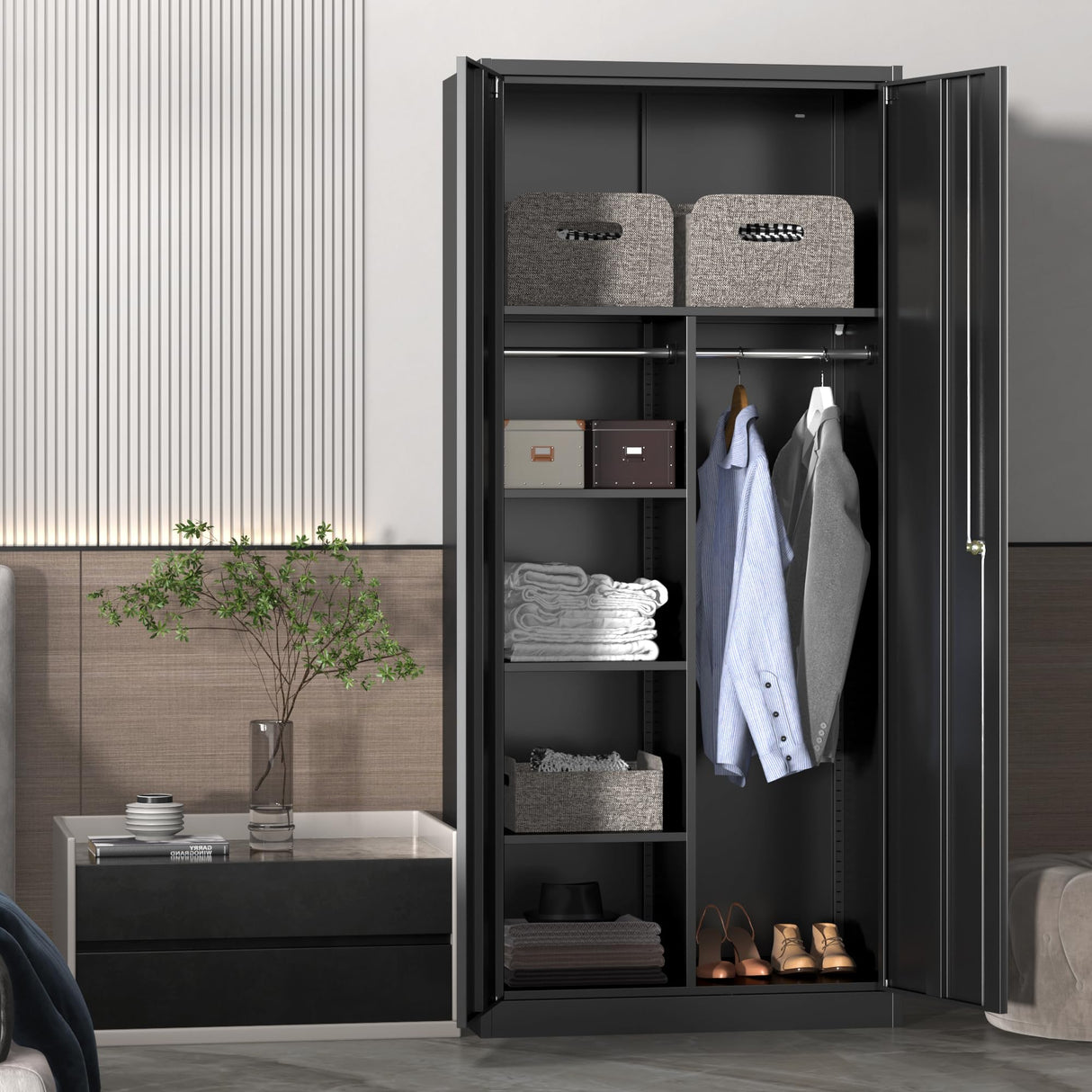 Coolsun Metal Wardrobe Closet with Locking Doors, 71" Steel Storage Cabinet for Hanging Clothes, Lockable Wardrobe Cabinet with Adjustable Shelves and Hanging Rods for Home Office,Gym Coolsun