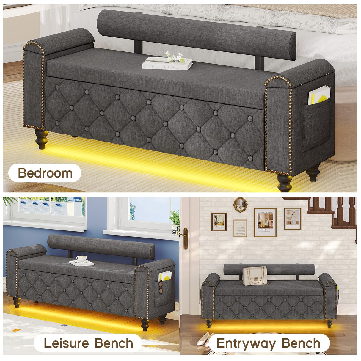51" Ottoman with Storage, Storage Ottoman Bench with Upholstered Backrest, Tufted Entryway Bench with Curved Arm Support, End of Bed Bench with LED Lights,Storage Bench for Bedroom,Living Room,Grey Tagafi