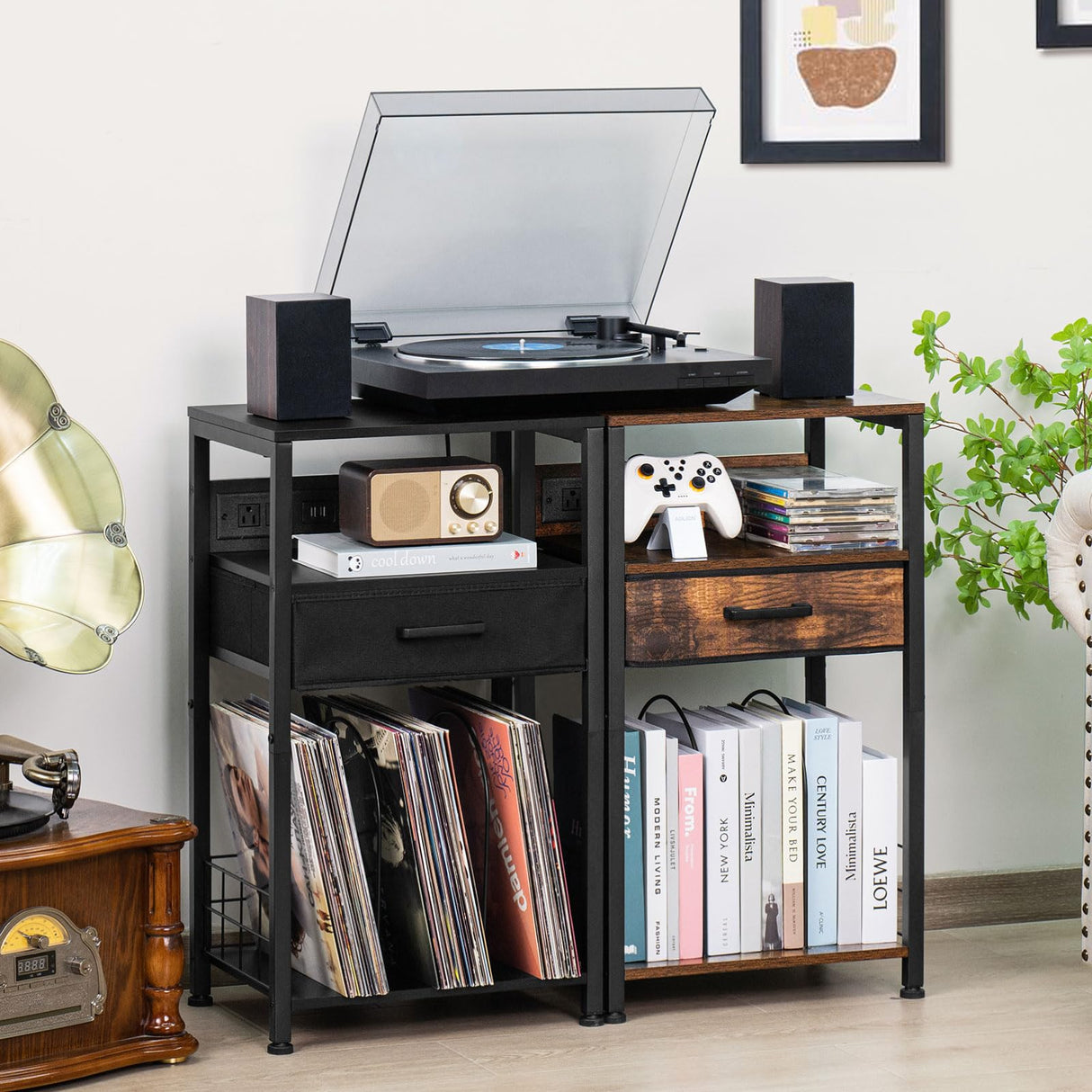 LELELINKY Record Player Stand with Fabric Drawer, 3 Tier AV Media Stands with Charging Station and USB Ports,Turntable Rack with Storage Up to 100 Vinyl Albums, Brown DVD Video Game Console Shelf LELELINKY