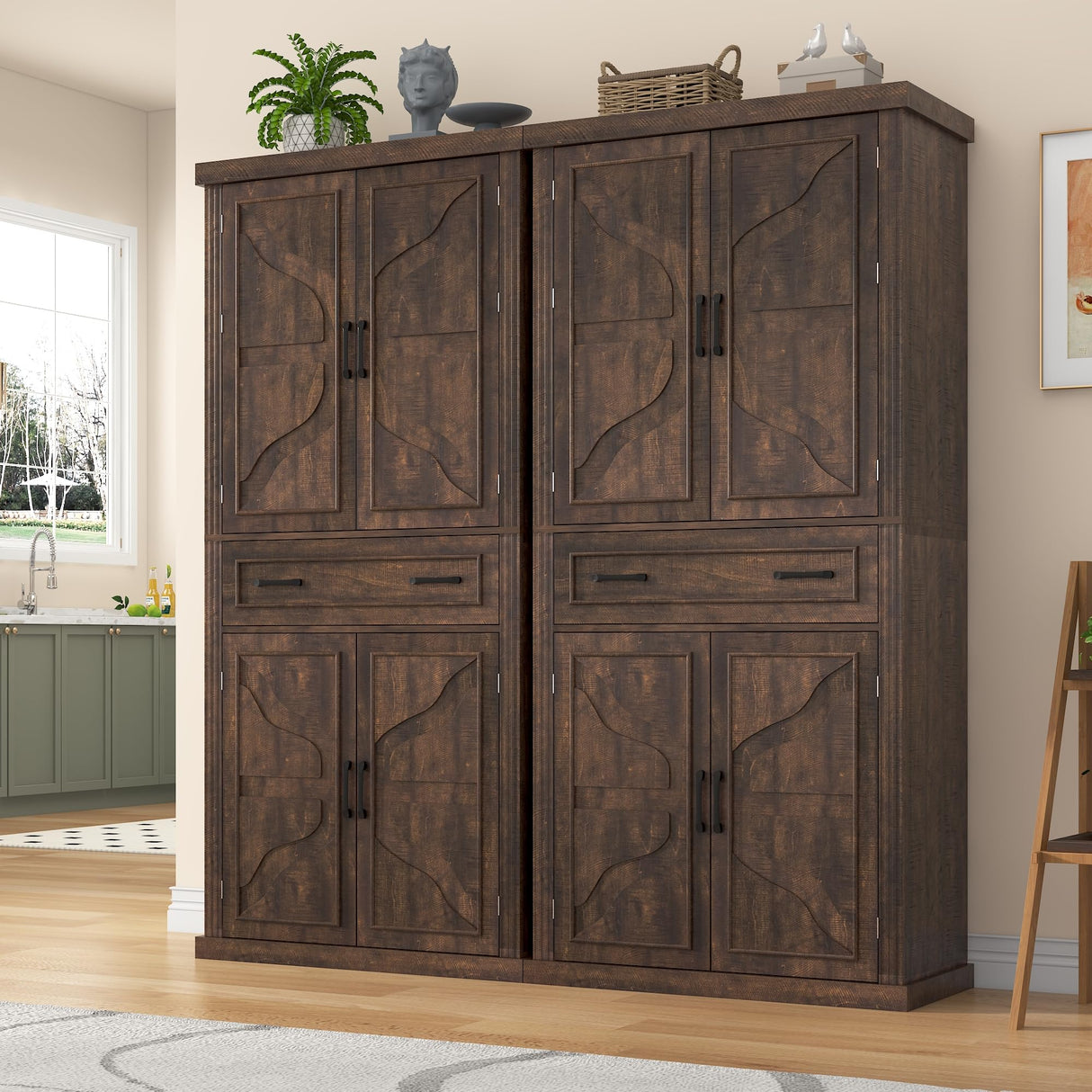 71" Tall Kitchen Pantry Cabinet with Doors and Drawer, Farmhouse Storage Cabinet with Adjustable Shelves, Rustic Wood Cupboard for Kitchen, Dining Room, Living Room, Brown chartustriable