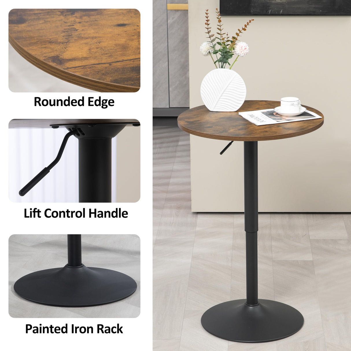 Finnhomy 23.6inches Round Cocktail Bar Table with Metal Base, Tall Bistro Pub Table, Adjustable 27.9''-35.4'' Counter Bar Height for Kitchen, Living Room, Easy Assembly, Rustic Brown Finnhomy