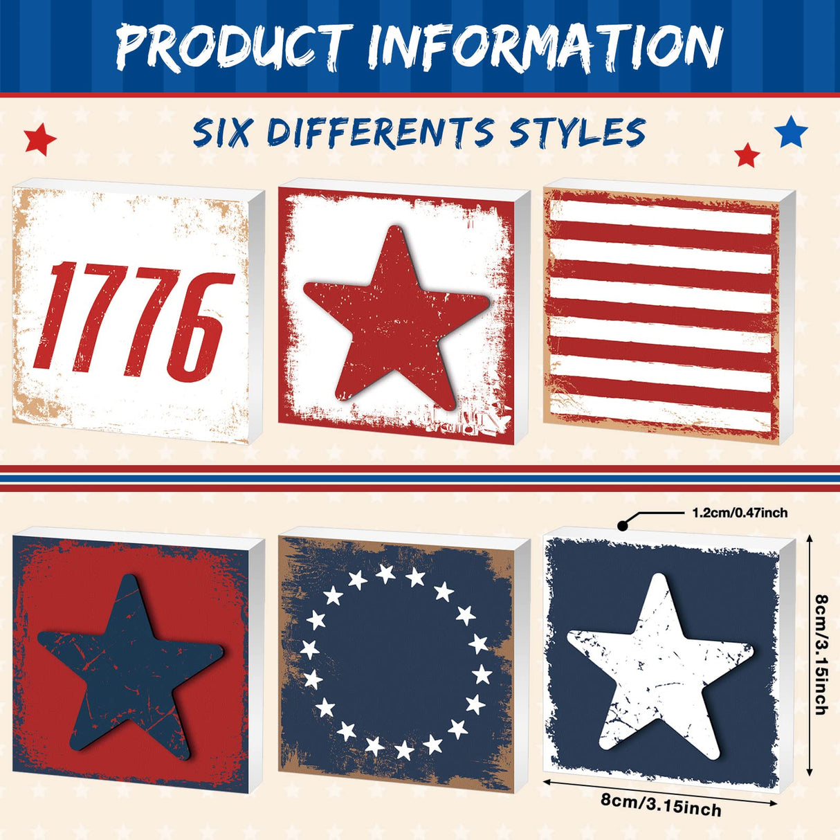 6 Pcs Independence Day Wood Signs Rustic Patriotic Standing Blocks Decor for Home 4th of July Table Centerpiece Labor Day Tiered Tray Decorations for Shelf Party Decor Panelee