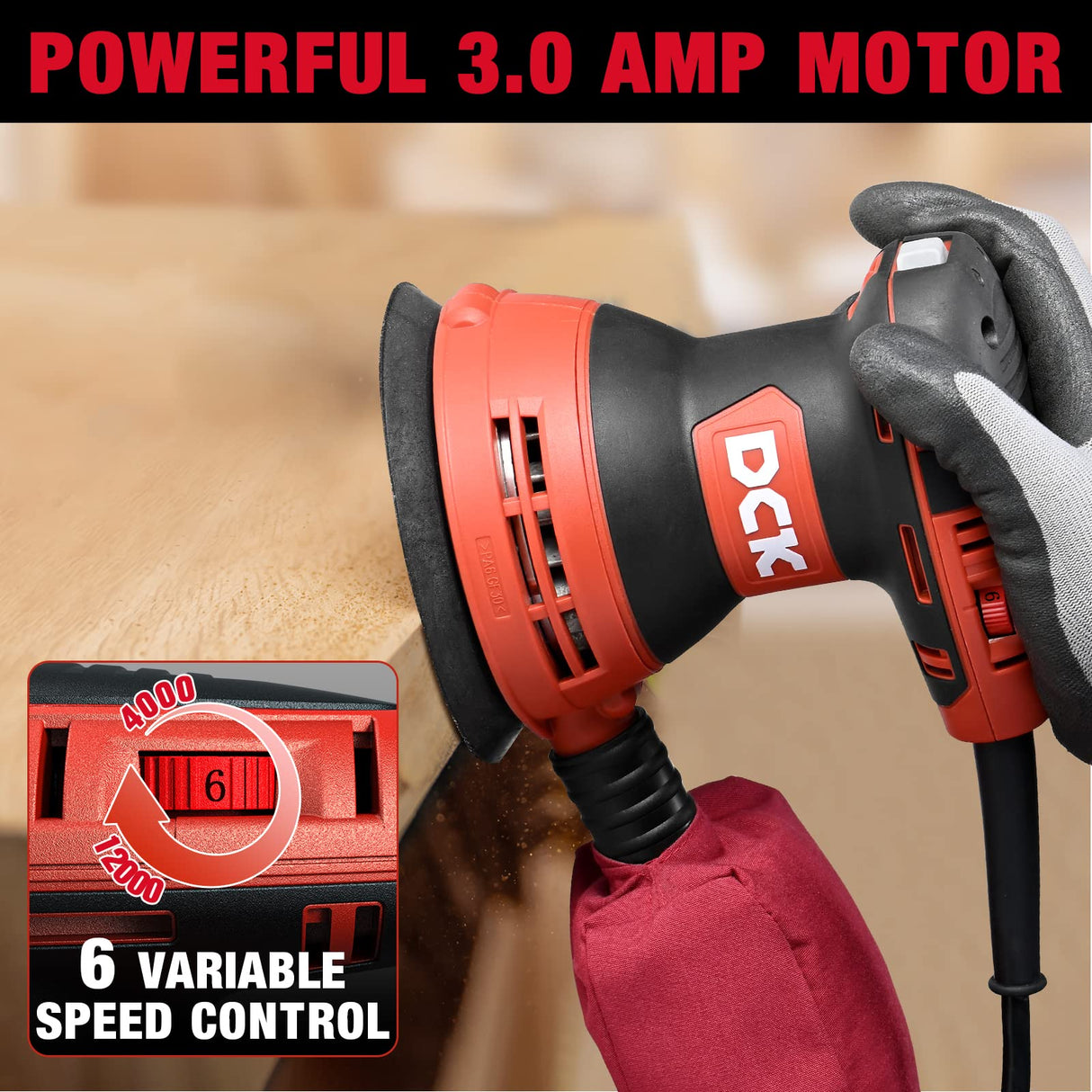 DCK Random Orbital Sander, 3.0 AMP Corded Palm Sander, 6 Speeds Max 12,000 OPM, 5-Inch with 10 pcs Sandpapers, Dust Bag, Low Vibration, Drywall Sander for Woodworking, Decoration Furniture (KSA125) DCK