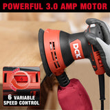 DCK Random Orbital Sander, 3.0 AMP Corded Palm Sander, 6 Speeds Max 12,000 OPM, 5-Inch with 10 pcs Sandpapers, Dust Bag, Low Vibration, Drywall Sander for Woodworking, Decoration Furniture (KSA125) DCK