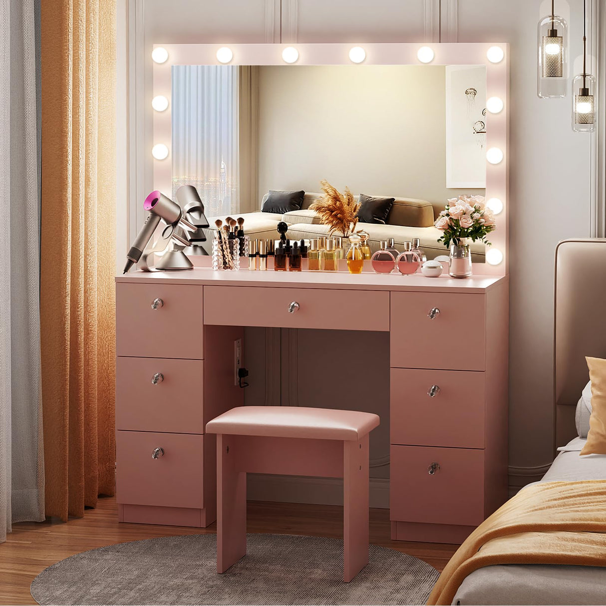 VOWNER Vanity with Lighted Mirror - Makeup Vanity Desk with Glass Top, 7 Drawers and Power Outlet, 3 Color Lighting Modes Adjustable Brightness, 44" Vanity Table with Stool for Women Girls, Pink VOWNER