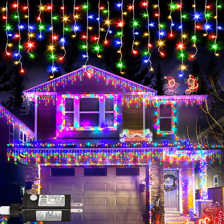 Multicolor Christmas Lights Outdoor, 66ft 640 LED Icicle Lights for Outside House with Connectable Clear Wire 8 Modes Timer, Plug in Waterproof for Yard Tree Eaves Party Room Indoor Holiday Decoration Nielfoi