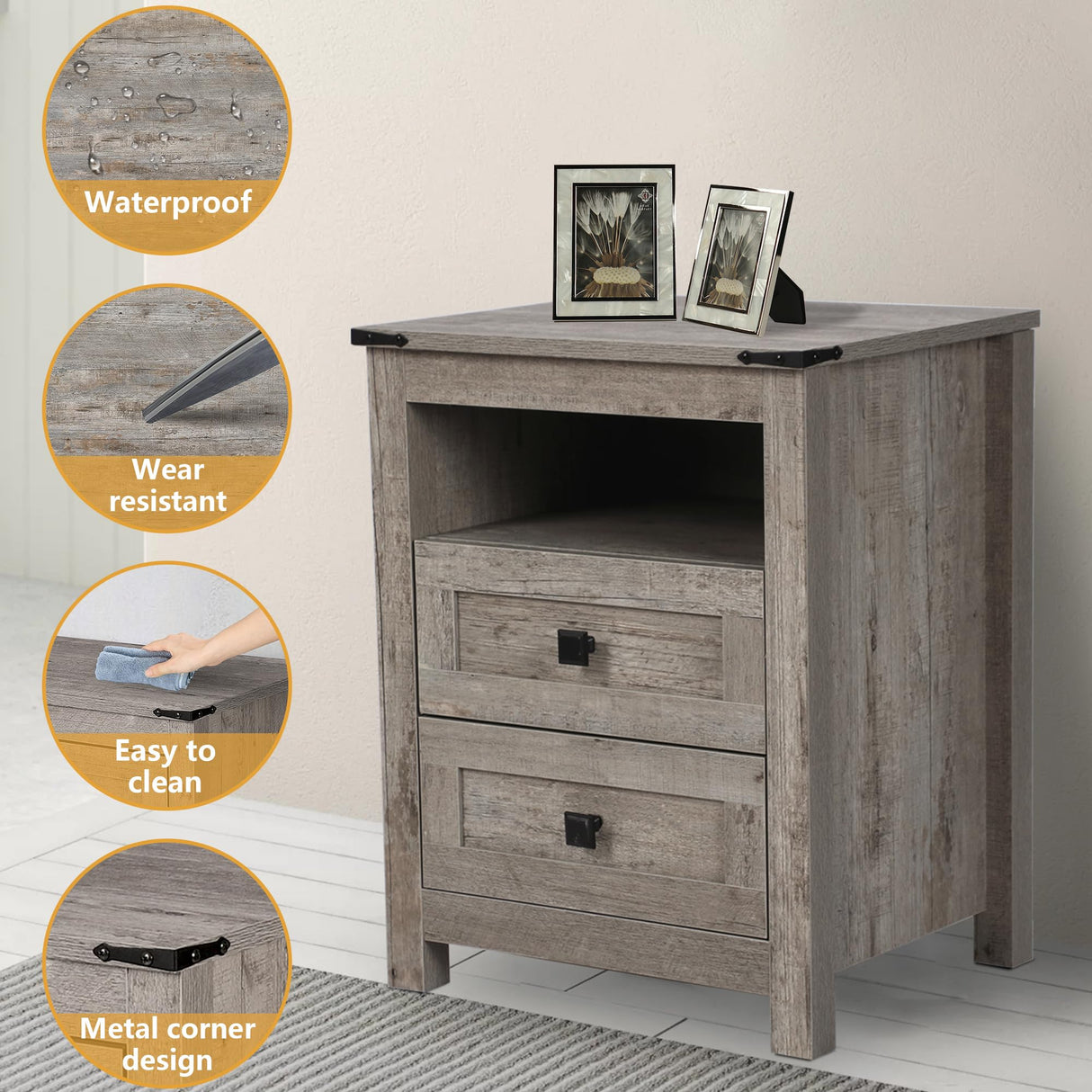 BTDWI Farmhouse Nightstand Set 2, Wood Side Table with Drawers and Storage Shelf, Square End Table for Bedroom, Light Grey Rustic Oak BTDWI