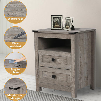 BTDWI Farmhouse Nightstand Set 2, Wood Side Table with Drawers and Storage Shelf, Square End Table for Bedroom, Light Grey Rustic Oak - WoodArtSupply