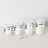 Canister Sets For The Kitchen (4 Piece Set) White, High Gloss Ceramic | By Home Basics | Decorative| With Wooden Spoons, Countertop Set For Flour, Sugar, Coffee, and Snacks Home Basics