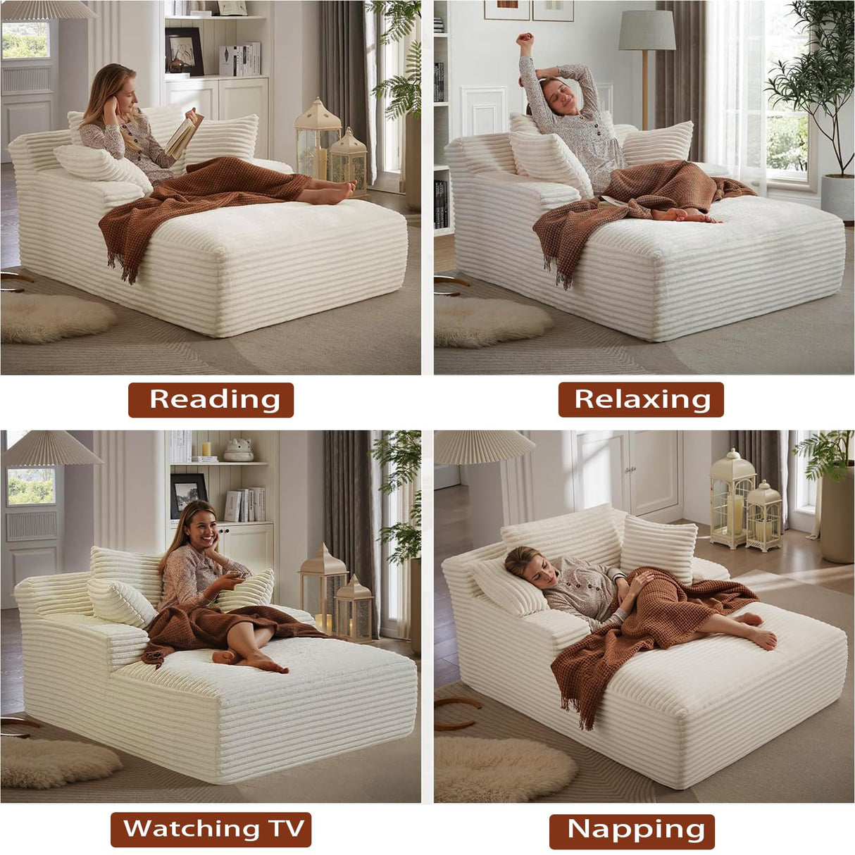 GUANGHONG 50" W Chaise Lounge Chair Indoor, Oversized Upholstered Corduroy Boneless Sofa Bed with 3 Pillows, Deep Seat Sleeper Reading Chair Cloud Couch for Living Room, No Assembly Required GUANGHONG