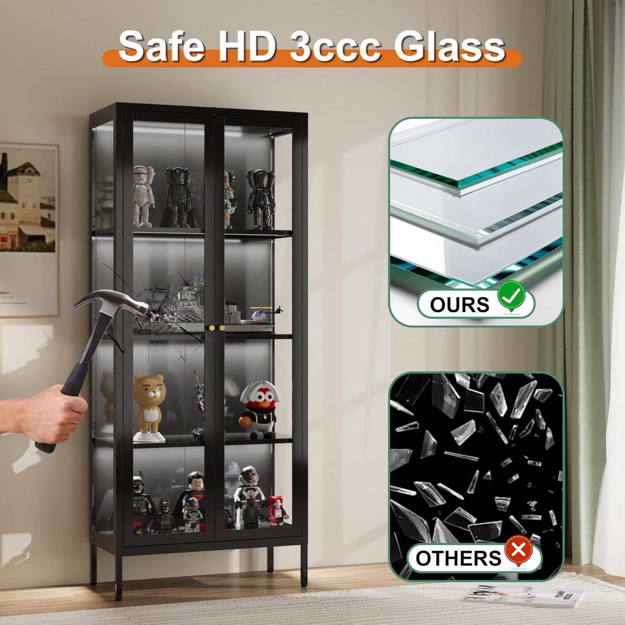 TIMELESS PIECES 66" H Glass Display Cabinet 4-Tier,Lighted Display case,Curio Cabinet with Glass Doors and Adjustable Shelves,Display Shelf for Collectibles,Living Room TIMELESS PIECES