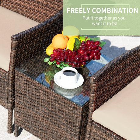 Greesum 3 Pieces Patio Furniture Sets Outdoor PE Rattan Wicker Chairs with Soft Cushion and Glass Coffee Table for Garden Backyard Porch Poolside, Brown and Beige Greesum