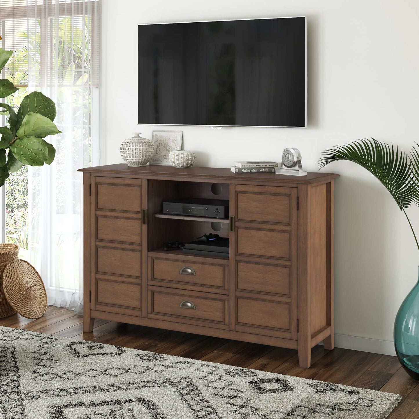 SIMPLIHOME Burlington SOLID WOOD 54 Inch Wide Transitional TV Media Stand in Rustic Natural Aged Brown for TVs up to 60 Inch, For the Living Room and Entertainment Center - WoodArtSupply