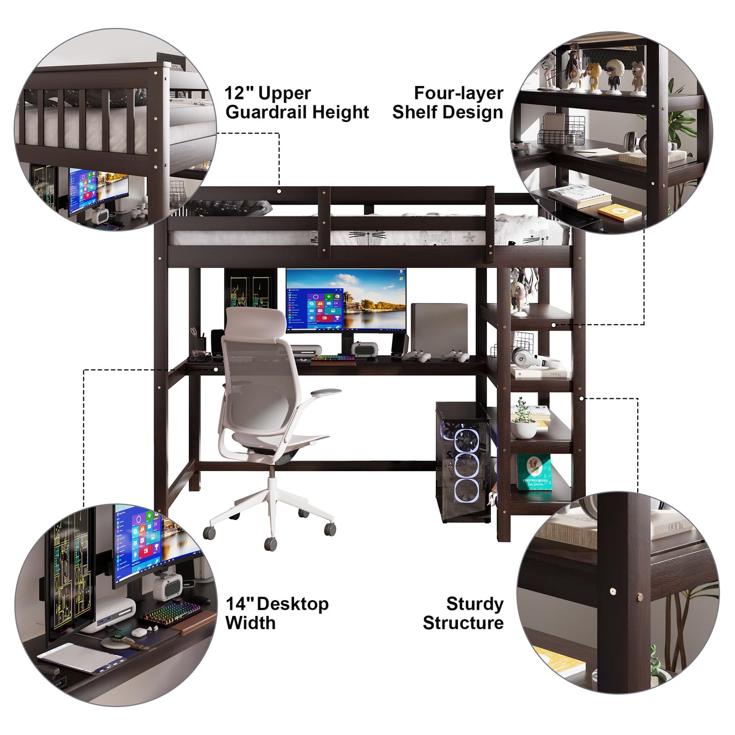 Revamp your space with the Merax Espresso Twin Loft Bed featuring a Desk and Storage Shelves - WoodArtSupply