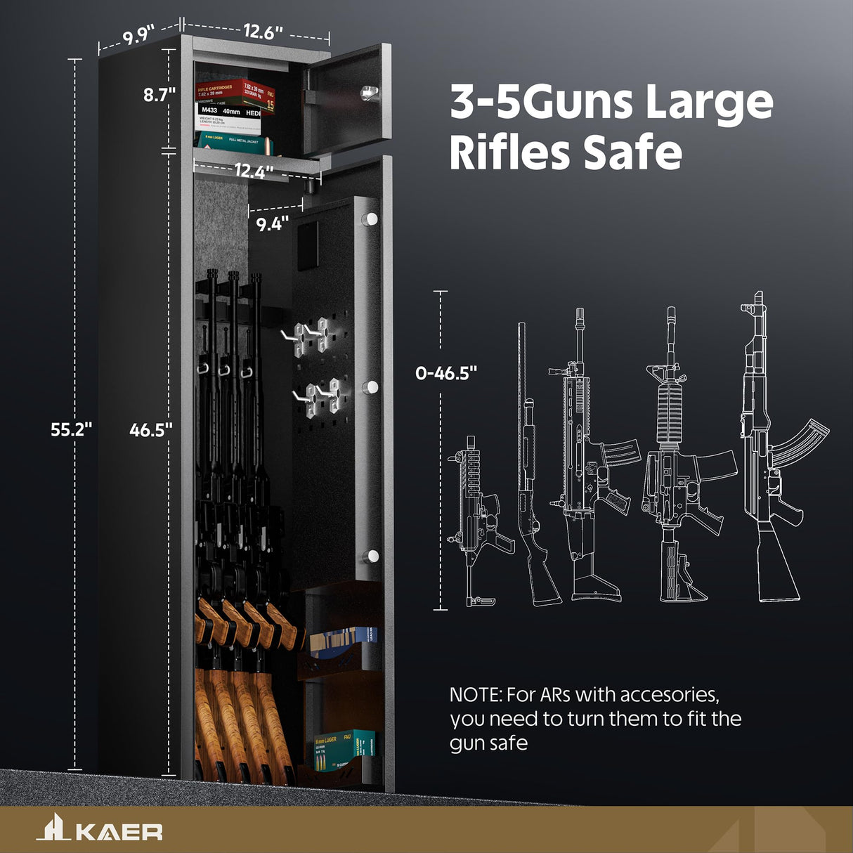 KAER 5 Gun Safe, Quick Access Gun Safe for Rifles and Pistols, Home Gun Rifle Safe with Separate Lock Box, Heavy Duty Large Gun Locker Cabinet with Hooks and Gun Rack for Shotguns, Assembled KAER