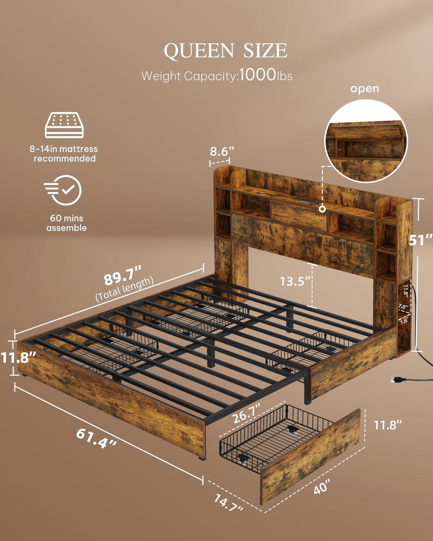 YITAHOME Queen Bed Frame with Bookcase Headboard and 4 Storage Drawers, RGB LED Bed Frame with Type-C & USB Charging Station Storage Headboard Bed Frame, No Box Spring Needed, Noise Free, Rustic Brown