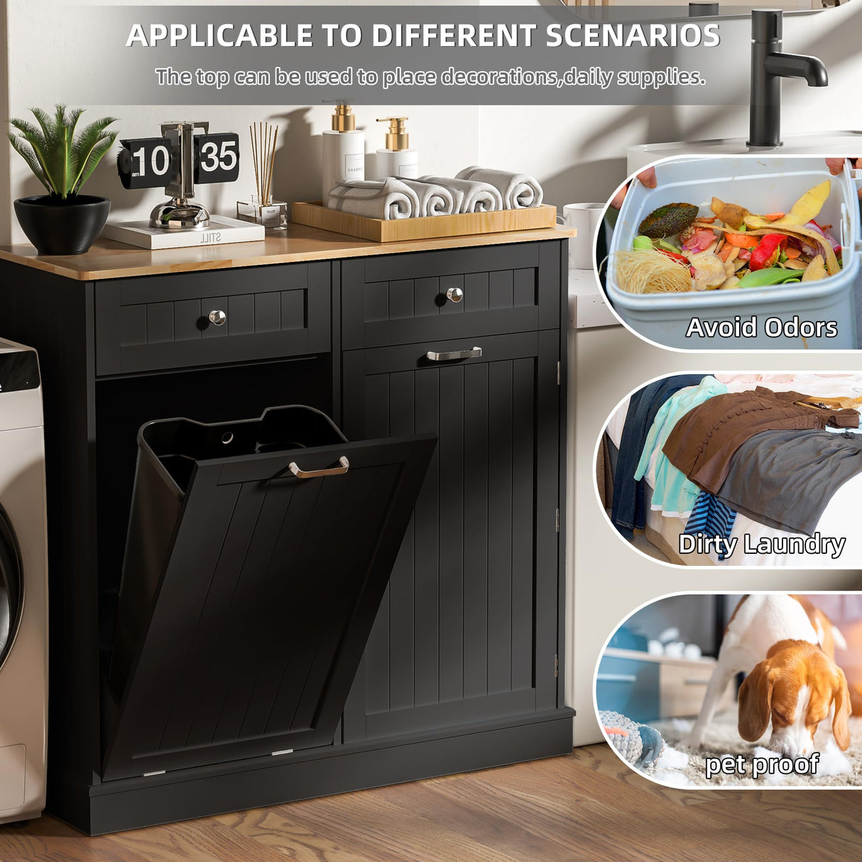 Spurgehom 13 Gallons Tilt Out Trash Cabinet Kitchen Storage Cabinet Free Standing Recycling Cabinet Trash Can Holder with Hideaway Drawers Pet Proof Trash Can for Kitchen Living Room, Black Spurgehom