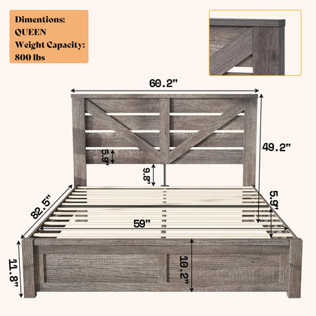 AMERLIFE Queen Size Farmhouse Bed Frame with 49.2" Barn Door Headboard, Platform Bed Frame with Wood Slats, Under Bed Storage Space, Easy Assembly, Noisy Free, Rustic Gray AMERLIFE