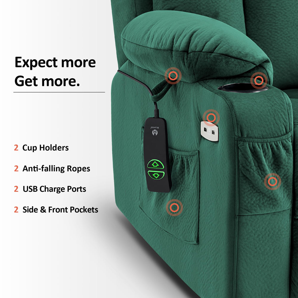 MCombo Large Power Lift Recliner Chair with Extended Footrest for Big and Tall Elderly People, USB Ports, 7426(Fabric, Green) MCombo