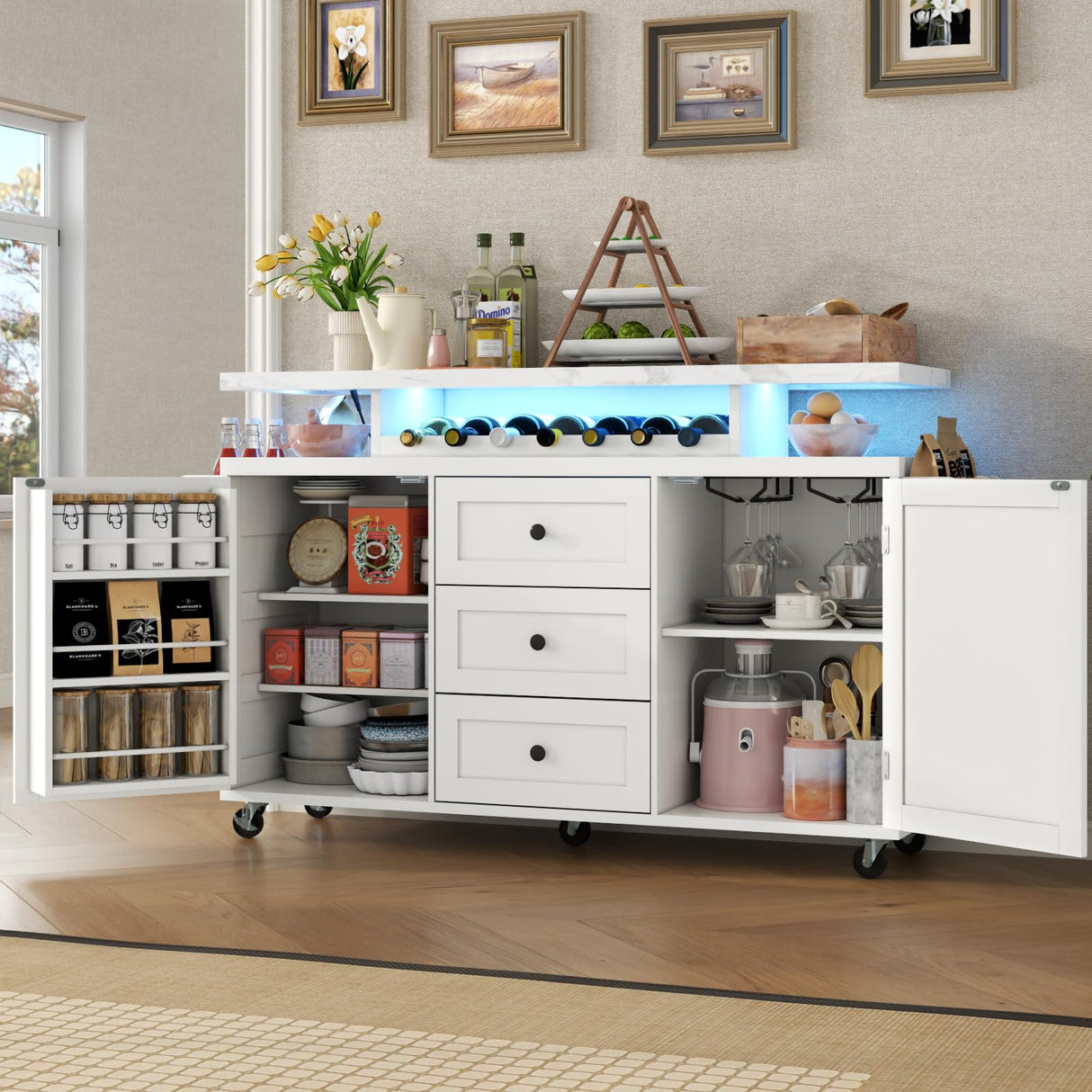 Kitchen Island with Storage, 55" Kitchen Island on Wheels with LED Lights & 3 Drawers,Rolling Kitchen Cart with Spice Rack & Towel Rack, Large Mobile Islands Table for Kitchen, White Gyfimoie