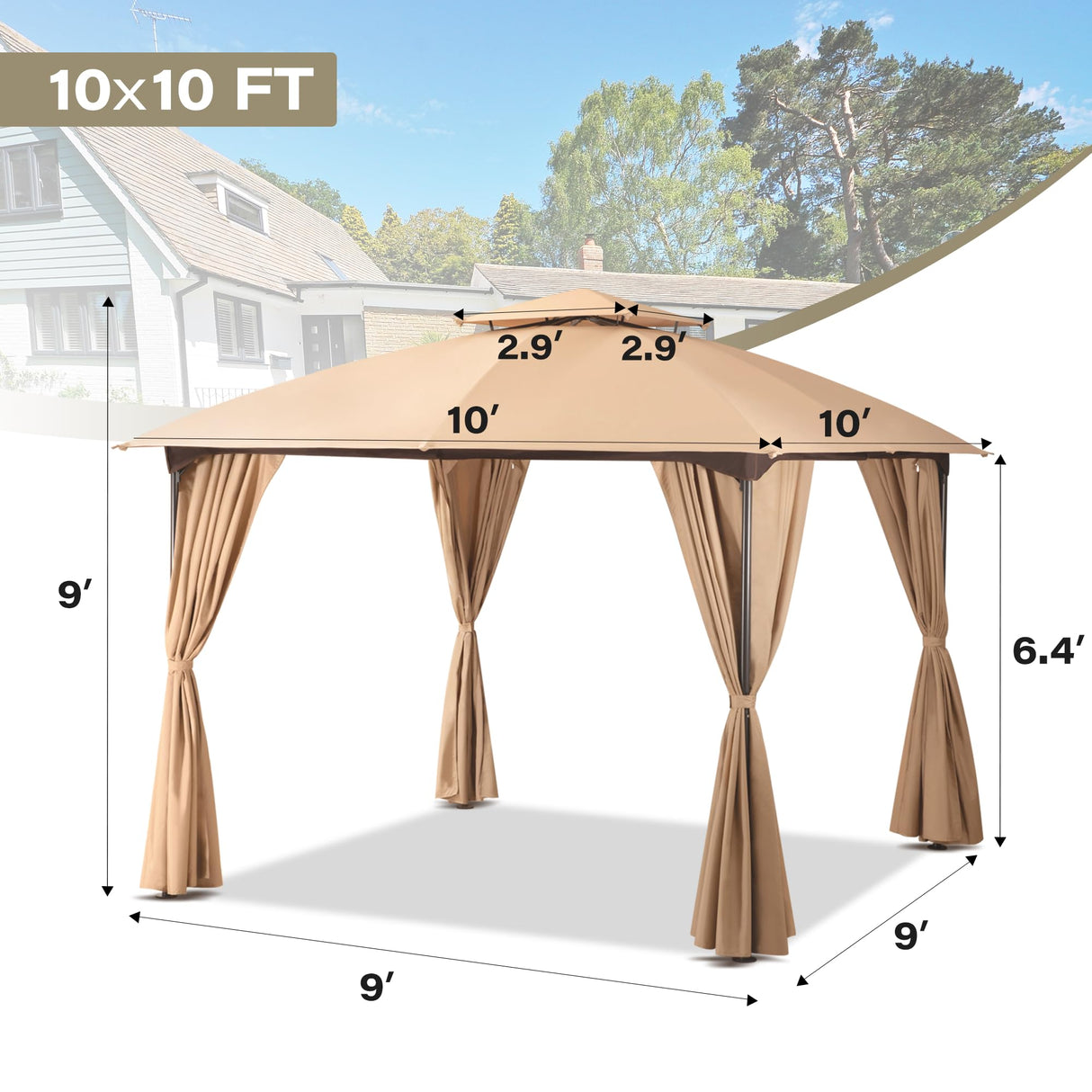 LAUSAINT HOME Patio Arc Gazebo Outdoor Canopy Tent 10'x10', Party Tent Shelter with Curtains & Expansion Bolts and Wind-Resistant Ropes for Patios, Garden, Backyard and Lawn, Khaki LAUSAINT HOME