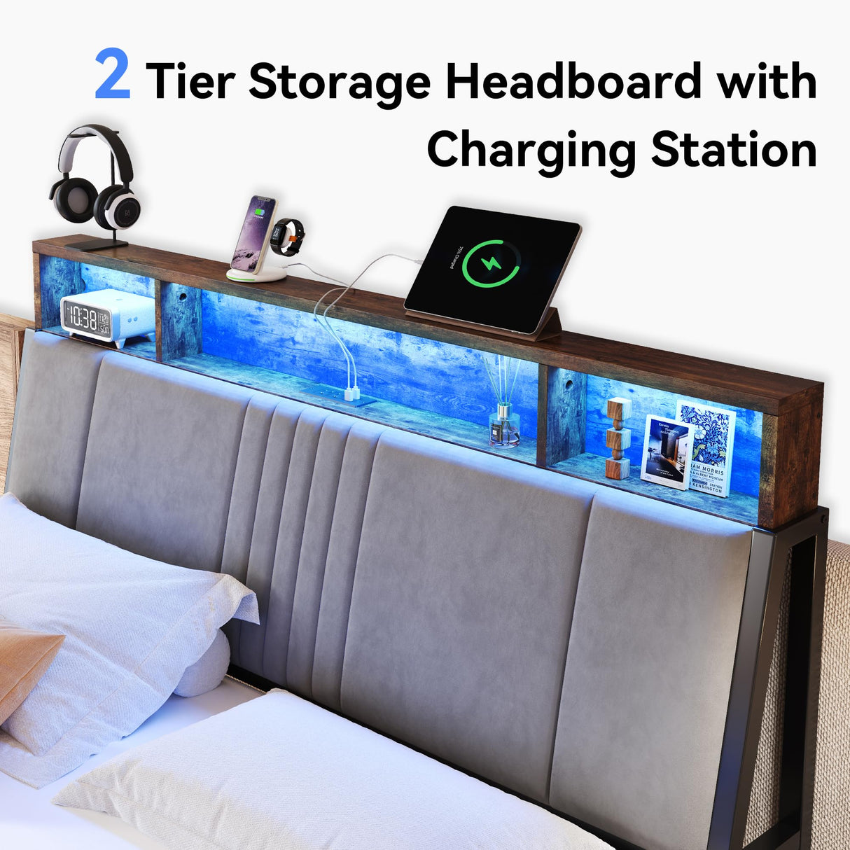 Queen Size Bed Frame with Ergonomic Storage Headboard, Solid Metal Platform Bed Frame with Charging Station and LED Light, Easy Assembly, No Box Spring Needed, Noise Free, Modern Grey Susalt