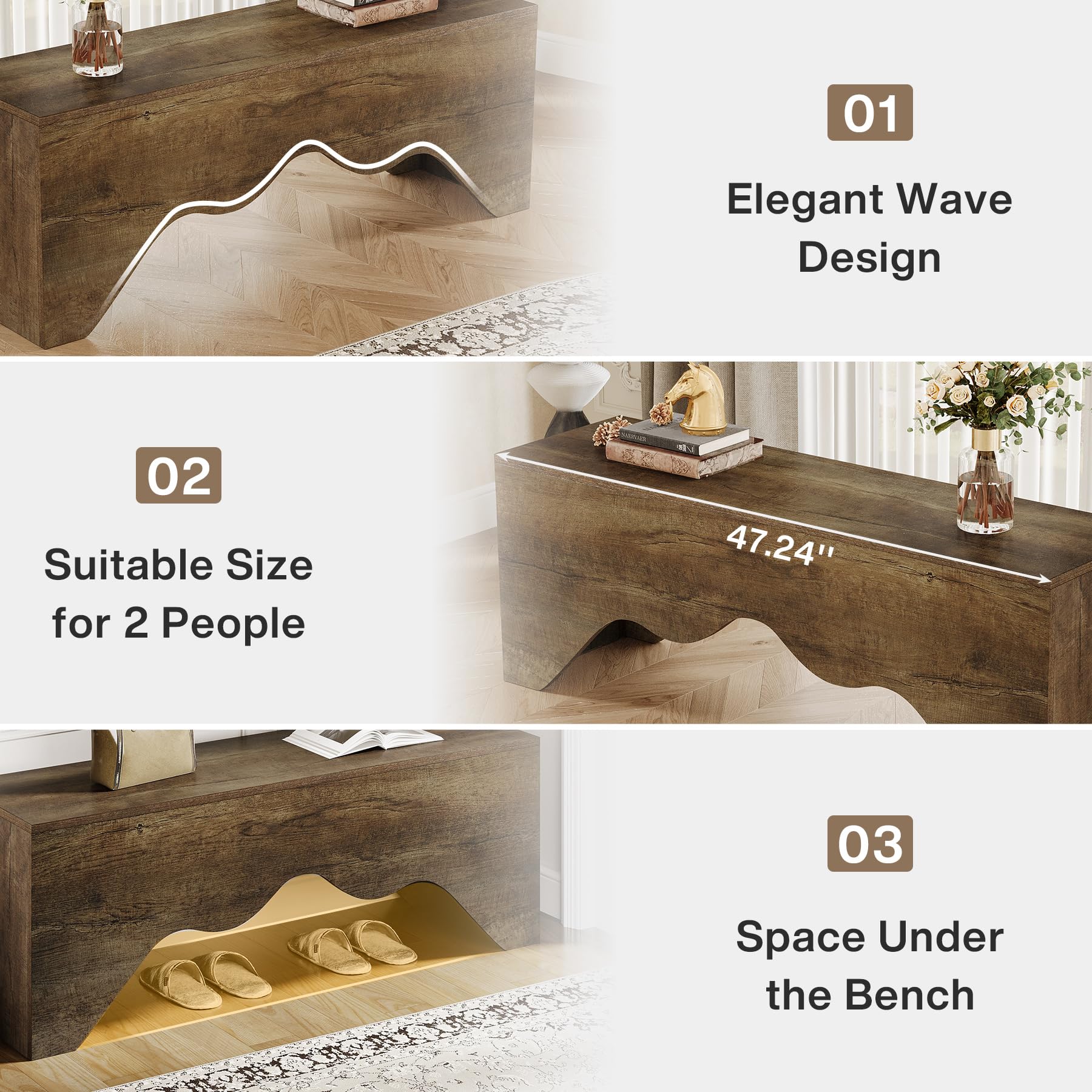 Tribesigns Shoe Bench, 47.24-Inch Entryway Bench with Elegant Wave Design, Dining Room Bench for Kitchen, Industrial Wood Bench End of Bed Bench, Long Bench for Living Room, Bedroom, Rustic B - WoodArtSupply