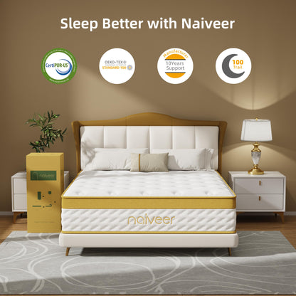 Naiveer Cooling Gel Queen Mattresses 14 Inch Memory Foam Hybrid Mattress for Back Pain & Pressure Relief, Queen Size Mattress in A Box with Pocket Springs, Medium Firm with CertiPUR-US Certified